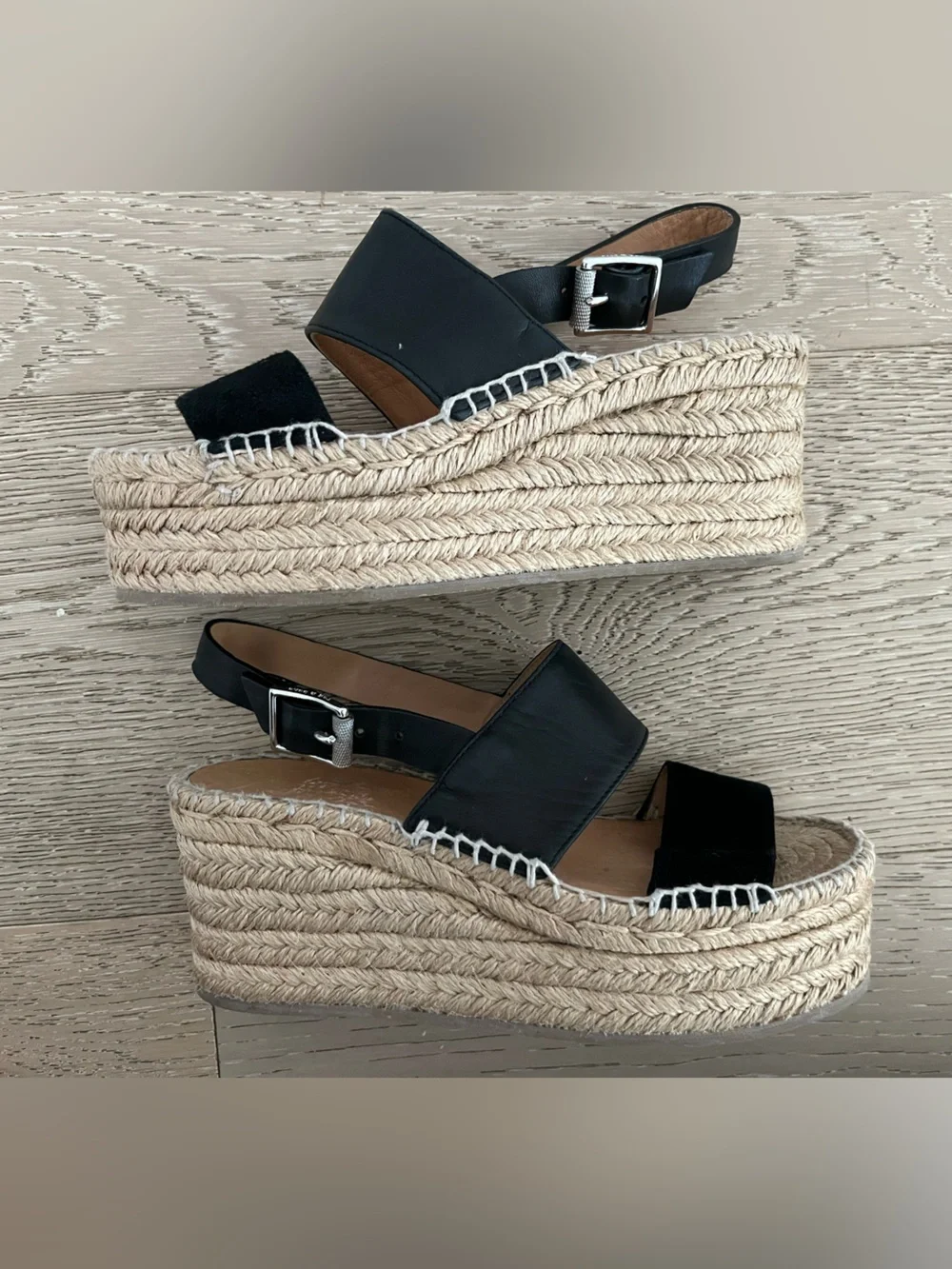 rag & bone Black Espadrille Platform Leather & Suede Sandals with Buckle Sz 4.5